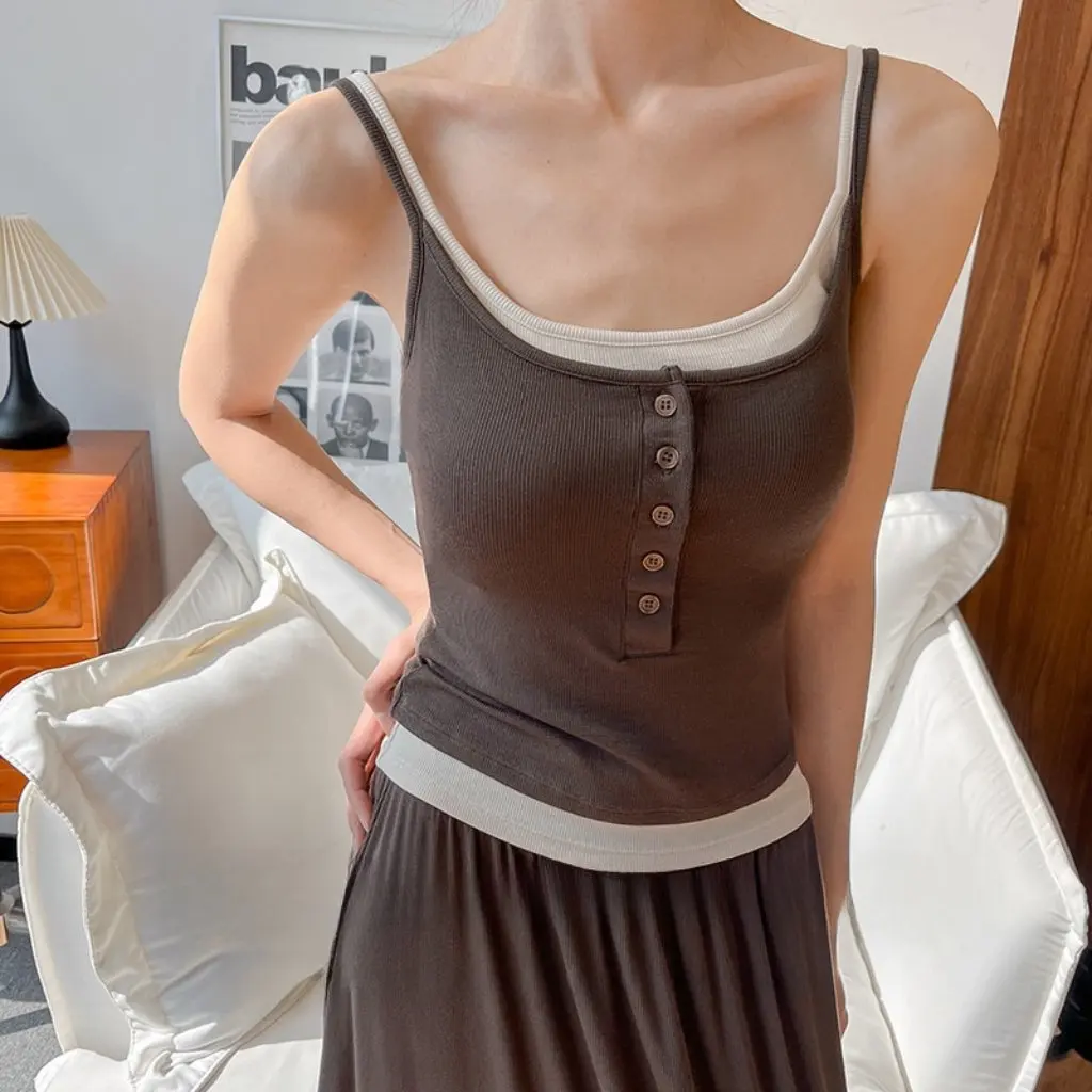 

Женская облегающая майка с контрастным поясом на пуговицах, нулевая карбоновая модальная ткань, искусственная двухсекционная основа, внутренний жилет с плечами