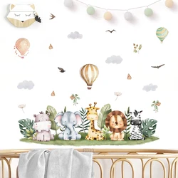 Boho Cartoon Cute Lion Elephant Animals Tropical Leaf Watercolor Wall Sticker Self-adhesive Nursery Kids Boys Room Home Decor
