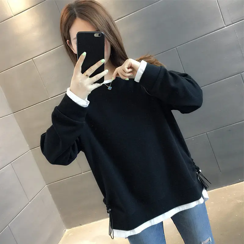 Fashion Solid Color Shirring Fake Two Pieces Sweatshirts Female Clothing 2023 Autumn Loose Korean Tops Casual Sweatshirts