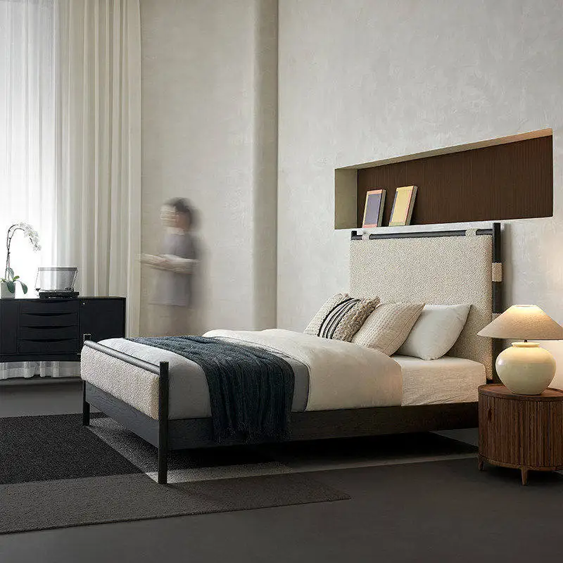 Retro French Cream Snow Crisp Solid Wood Bed Bedroom Household Nordic High Foot High Screen Backrest Double Fabric Bed
