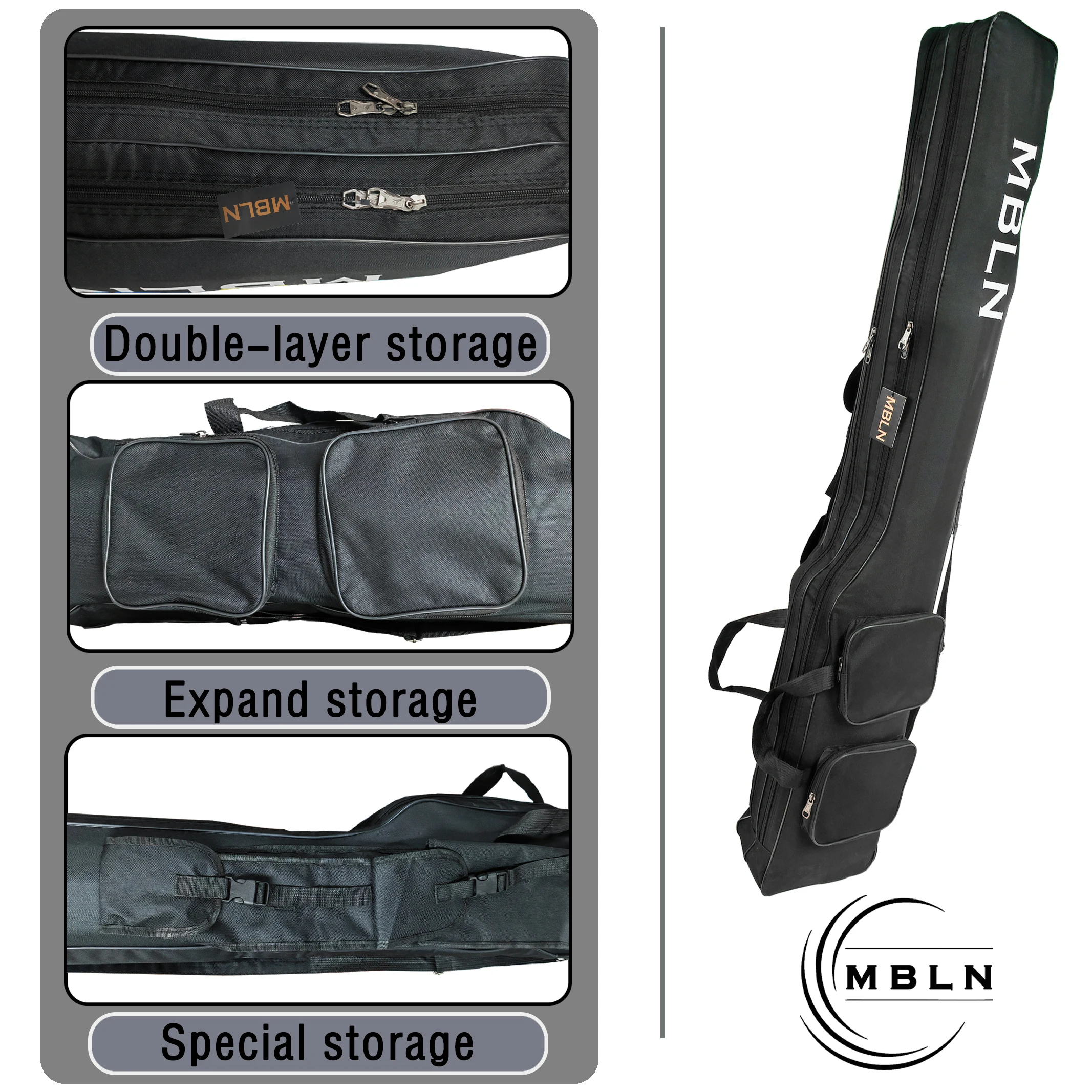 

MBLN 150cm Black Foldable Soft Fishing Rod Bag Double Layer Zipper Storage with Side Pocket Adjustable Shoulder Strap