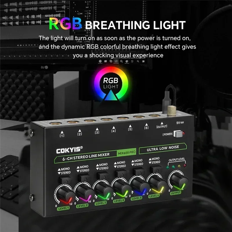 6 Channel Audio Mixer Low Noise Stereo Mono Line Mixer 6.35mm TRS/TS Input DC5V Audio Processor for Guitar Bass Keyboard Stage