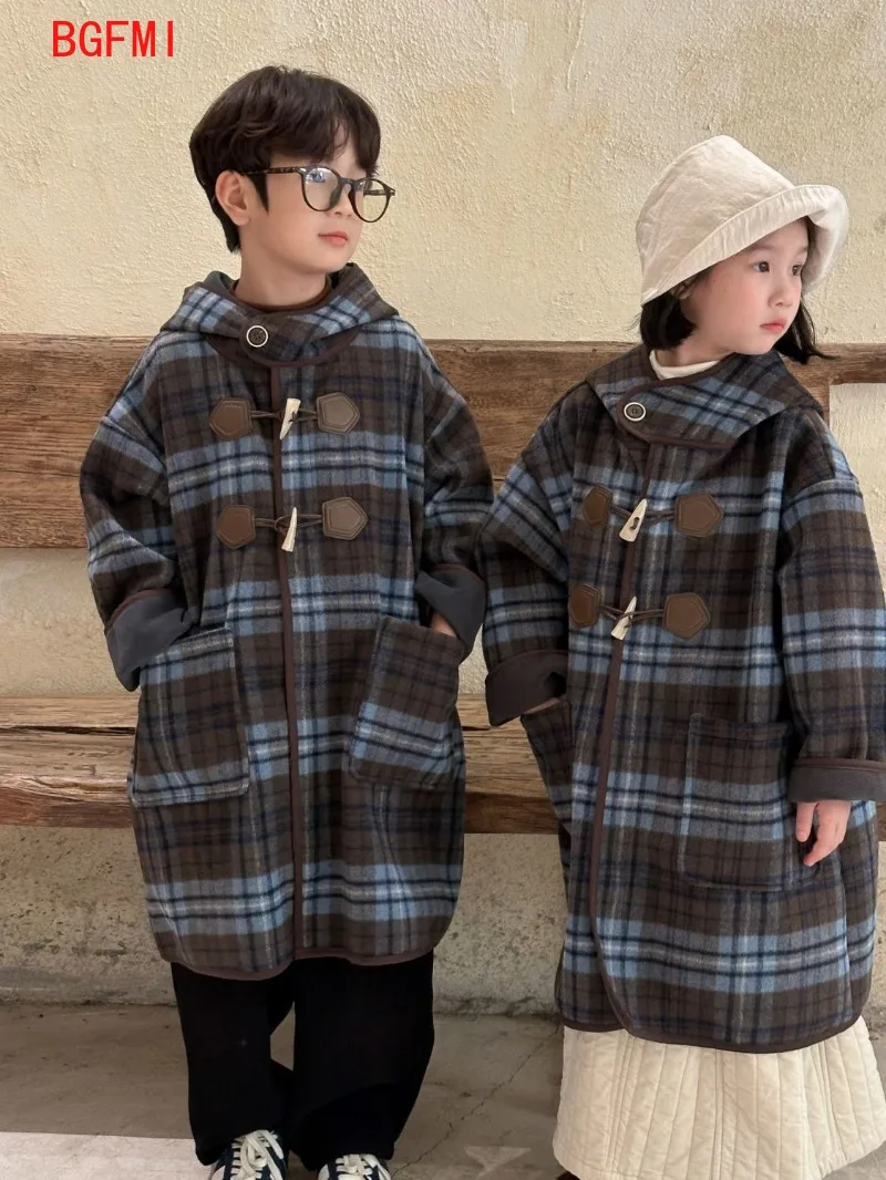2-14Y Boys Girls Blue Checkered Woolen Zipper Hood Coat 2026 New Autumn Winter Korean Medium Long Grid Coat Thickened Overcoat