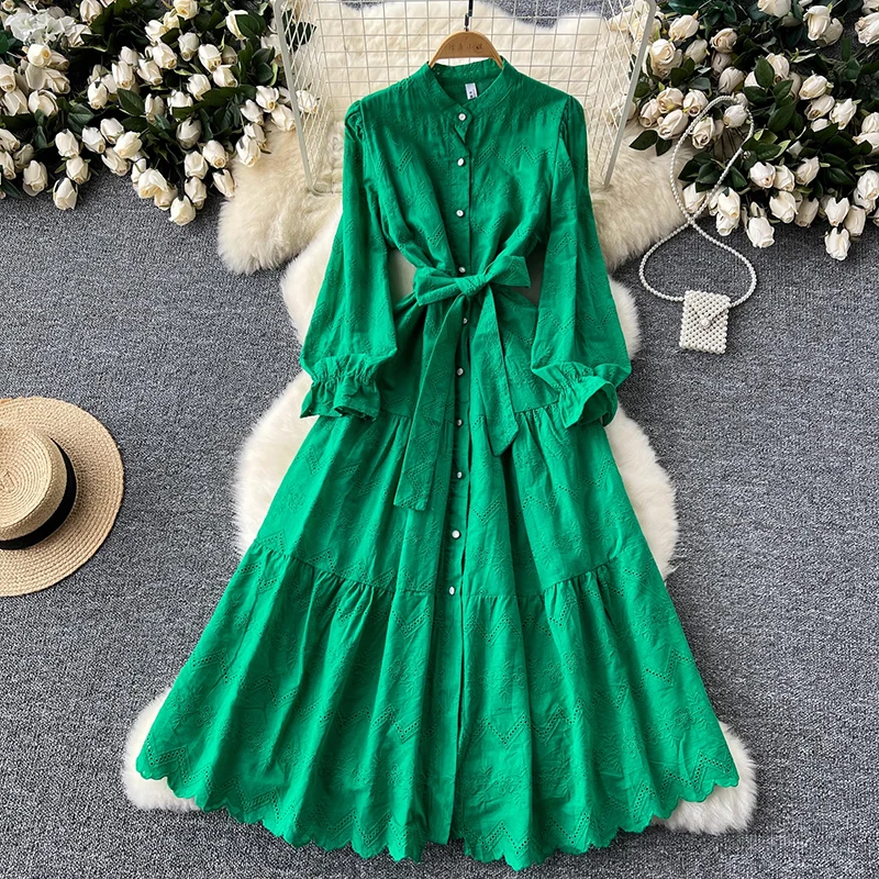 EWQ Fashion Party Long Dress Women Embroidered Lantern Sleeves Belt Gathered Waist A-line Dresses 2024 New Clothing 27C698