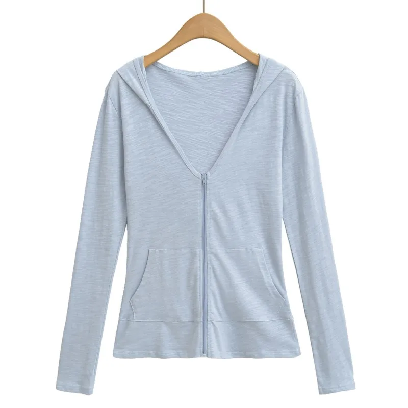

American Hottie V-Neck Slim-Fit Long-Sleeve Casual Solid T-Shirt Jackets 2025 Autumn Women's Lightweight Hooded Zip-Up Cardigan