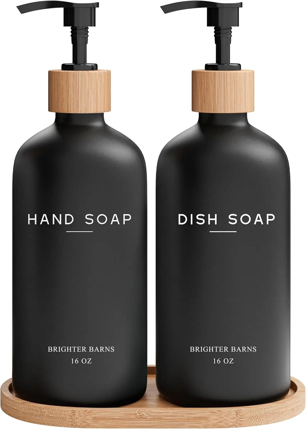 

Black Glass Soap Dispenser Set with Bamboo Tray - 2x16oz Pump Bottles for Kitchen or Bathroom, Modern Home Decor