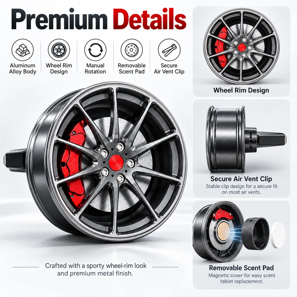 Wheel Rim Car Air Freshener Rotatable Air Vent Perfume Diffuser Aluminum Alloy Vent Clip Fragrance with 6 Scent Tablets