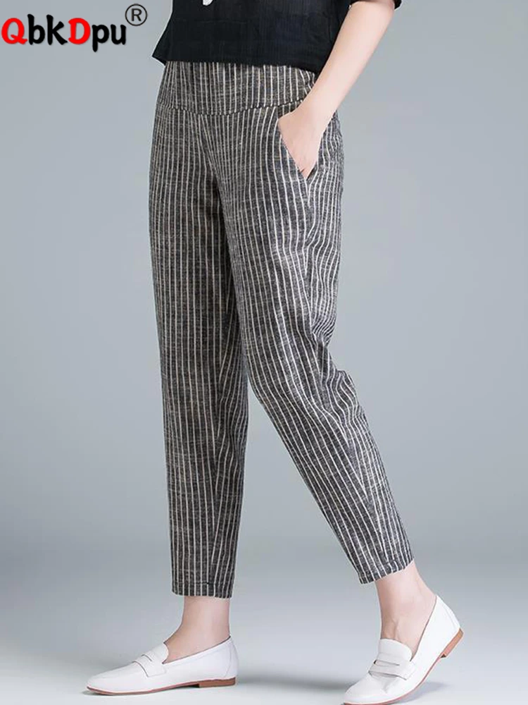 Cotton Linen Stripe Harem Pants Casual Mom High Waist Women Ankle-length Pantalones New Loose Hose Oversize 4xl Radish Sweatpant