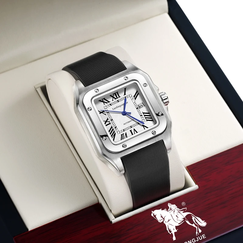 Men's Fully Automatic Mechanical Watch with Square Design and Roman Numeral Dial, Skeleton Calendar Display, Rubber Strap, Waterproof Wristwatch, Dual-Purpose for Business and Casual Wear, Light Luxury Fashion Trend Watch, Suitable for Gift-Giving or Personal Use, Precise Timekeeping, Wear-Resistant Case, Comfortable to Wear, Suitable for Daily Commuting, Business Gatherings, and Other Occasions