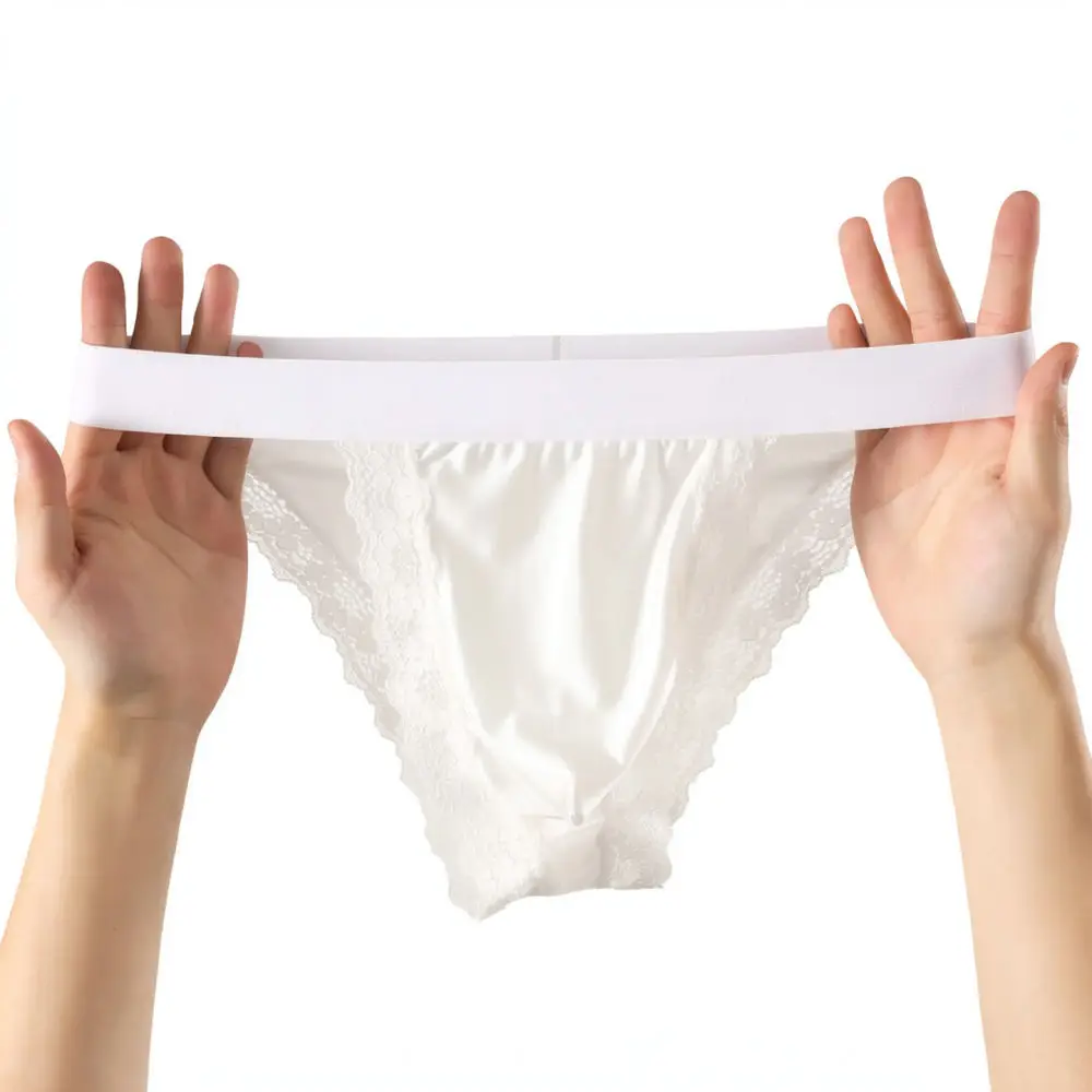 Mens Sexy Lace Trim Underwear Low Waist Breathable Silky Briefs Comfortable Elastic Bikini Panties For Lu Bao Zhu Gentleman
