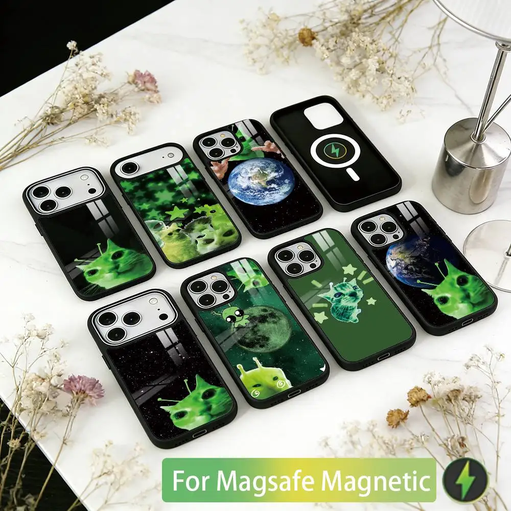 

A-alien cat Phone Case For iPhone17,16,15,14,13,12,11 Plus,Pro Magnetic For Magsafe Wireless Charging