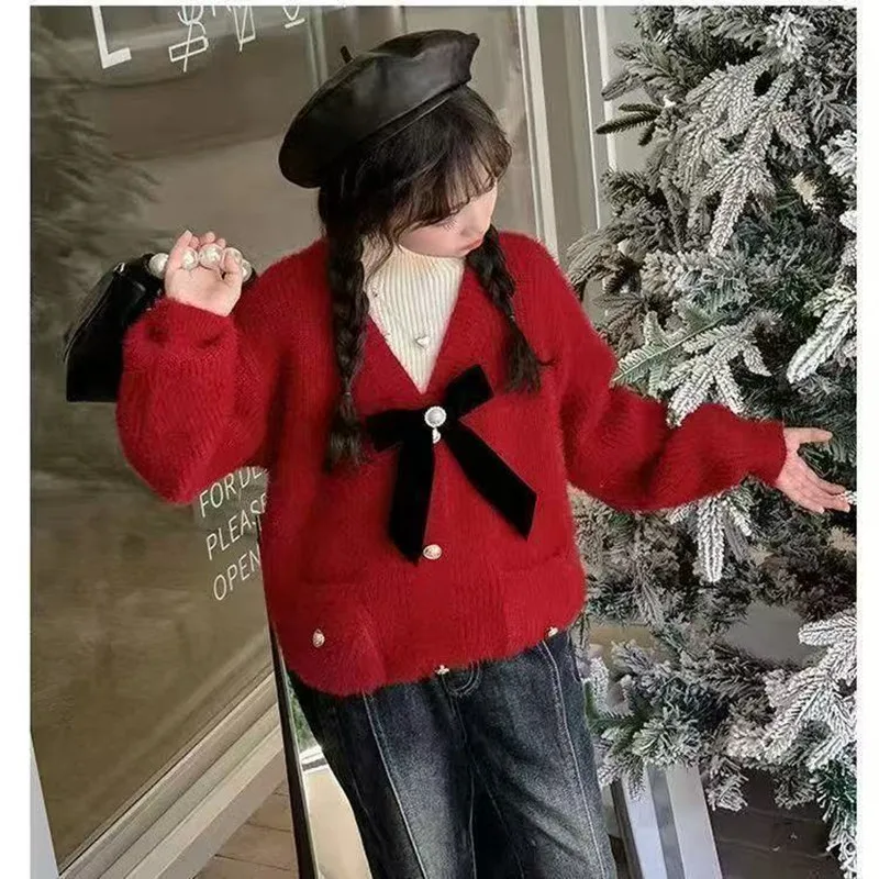 Kids Girls Bow Tie Pullover Sweater Autumn and Winter New Children's Soft Imitation Mink Fur Casual High Neck Sweater