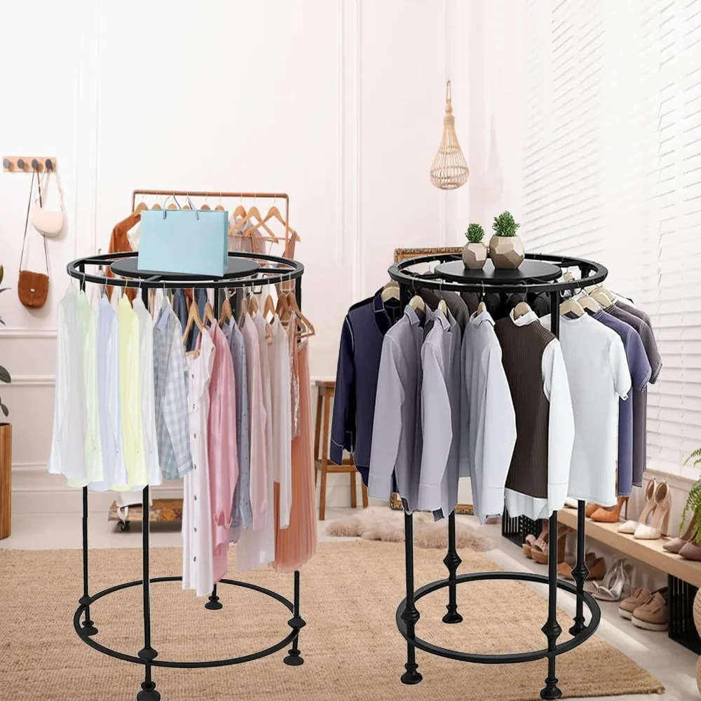 Freestanding Round Garment Display Retail Rack, Floor-Standing Double Space Multi-Purpose Metal Shelf for Clothes Storage