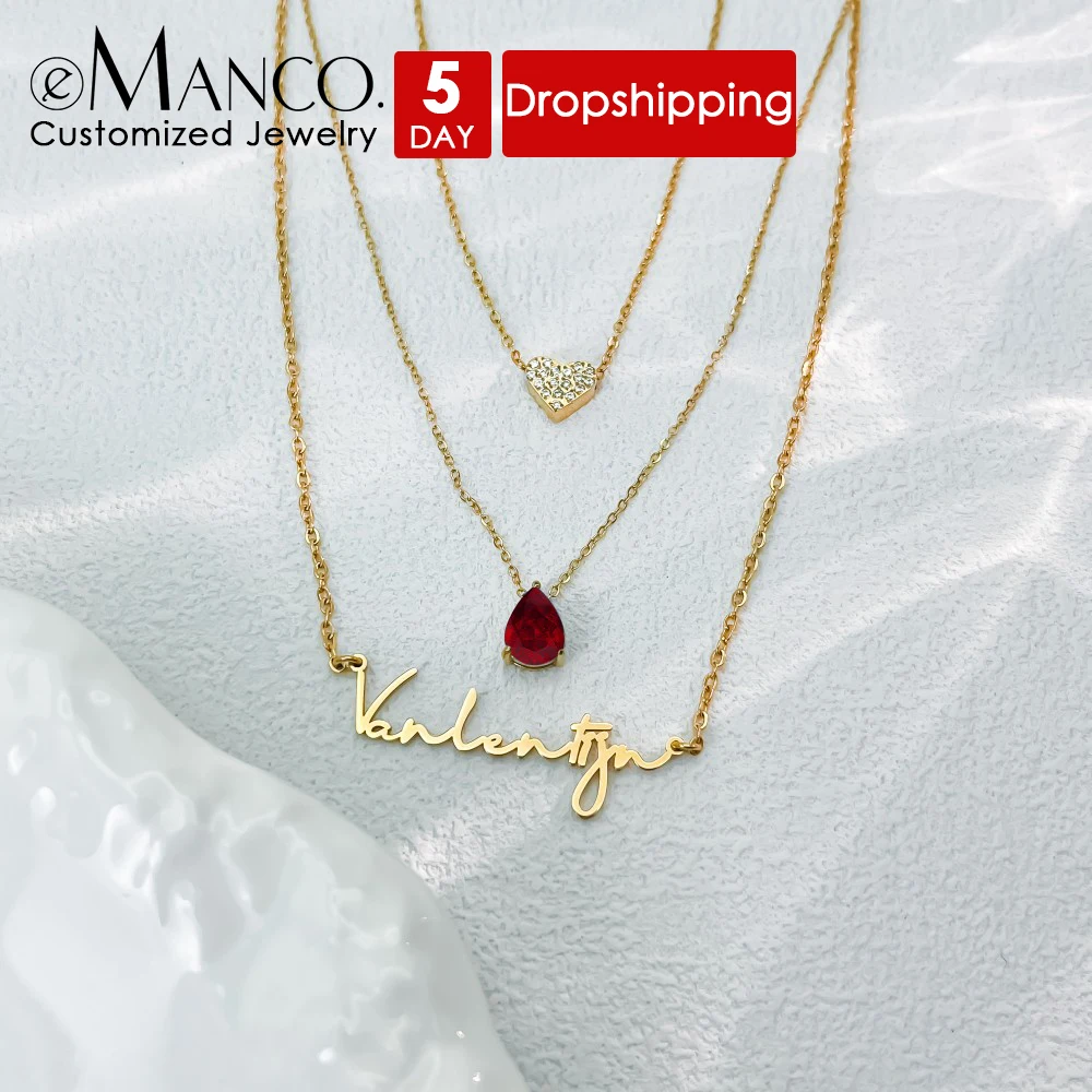 EMANCO High Quality Stackable Name Necklace Stainless Steel Diamond Heart Pendant Personalized Women's Jewelry Wholesale