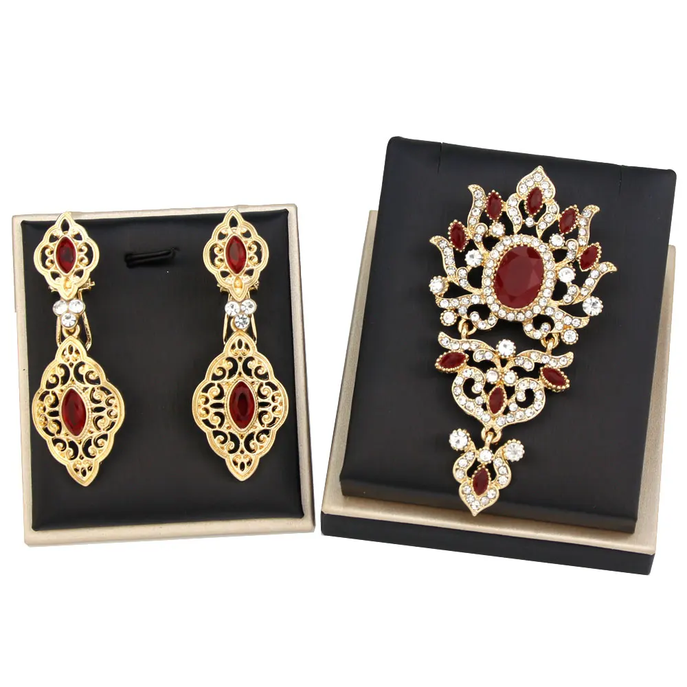 Sunspicems Fashion Morocco Jewelry Earring Brooch Sets For Women Gold Color Arabic Caftan Brooch Bride Earring Wedding Jewelry