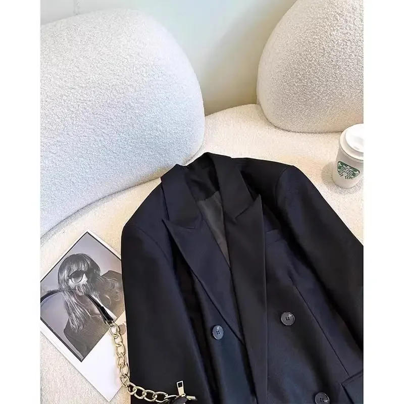 Korean Fashion Clothing High end Black Suit Jacket for Women Autumn American Casual Loose Splicing Commuter Blazers Women Top