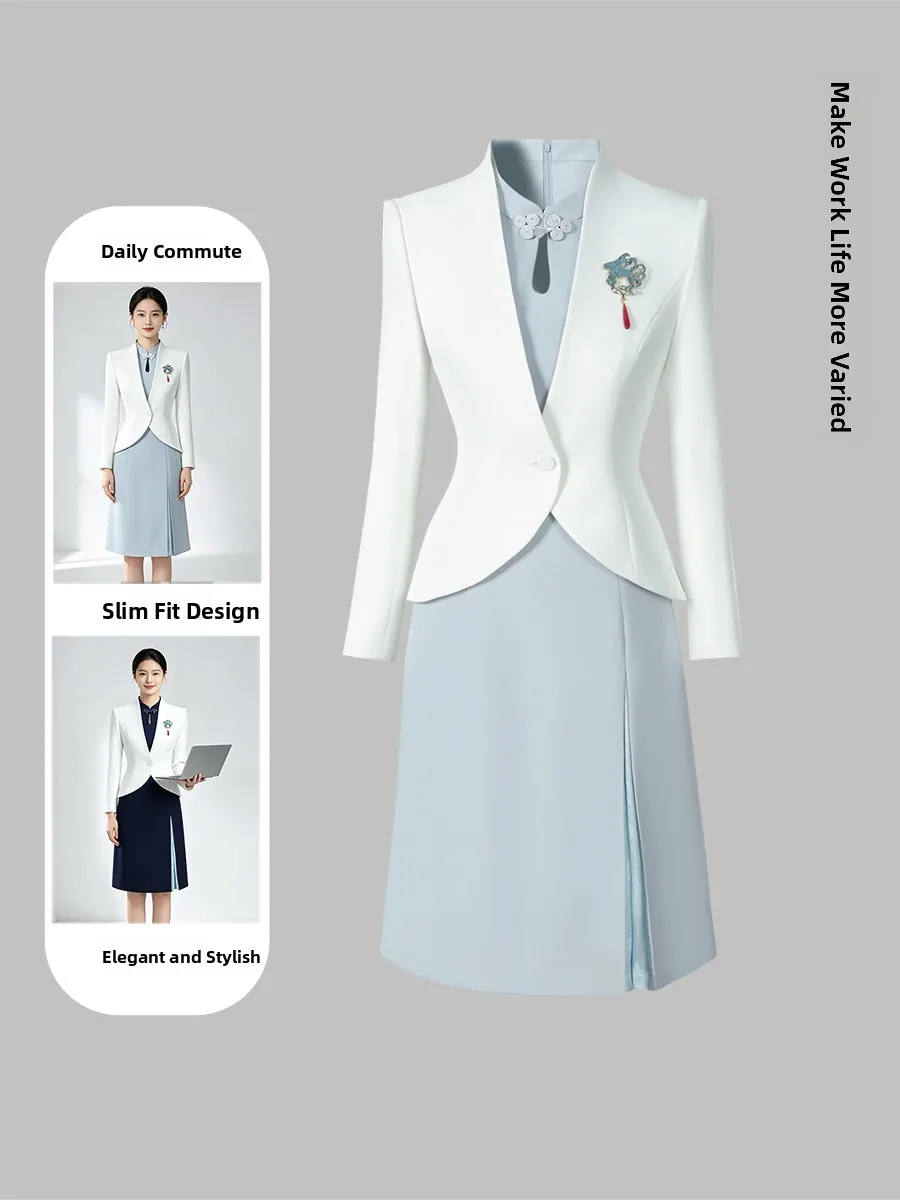 Elegant New Chinese Style Women's Suit Set Long Sleeve Polyester Dress Professional Office Uniform for Sale at Front Desk
