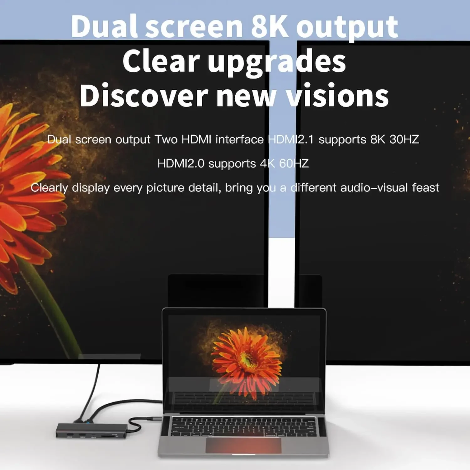 محطة إرساء USB C 10 في 1 شاشة مزدوجة مع إيثرنت 2 * HDMI 8K + 4K60 هرتز USB، Type-C، SD/TF، RJ45 1000M، صوت 3.5 مم