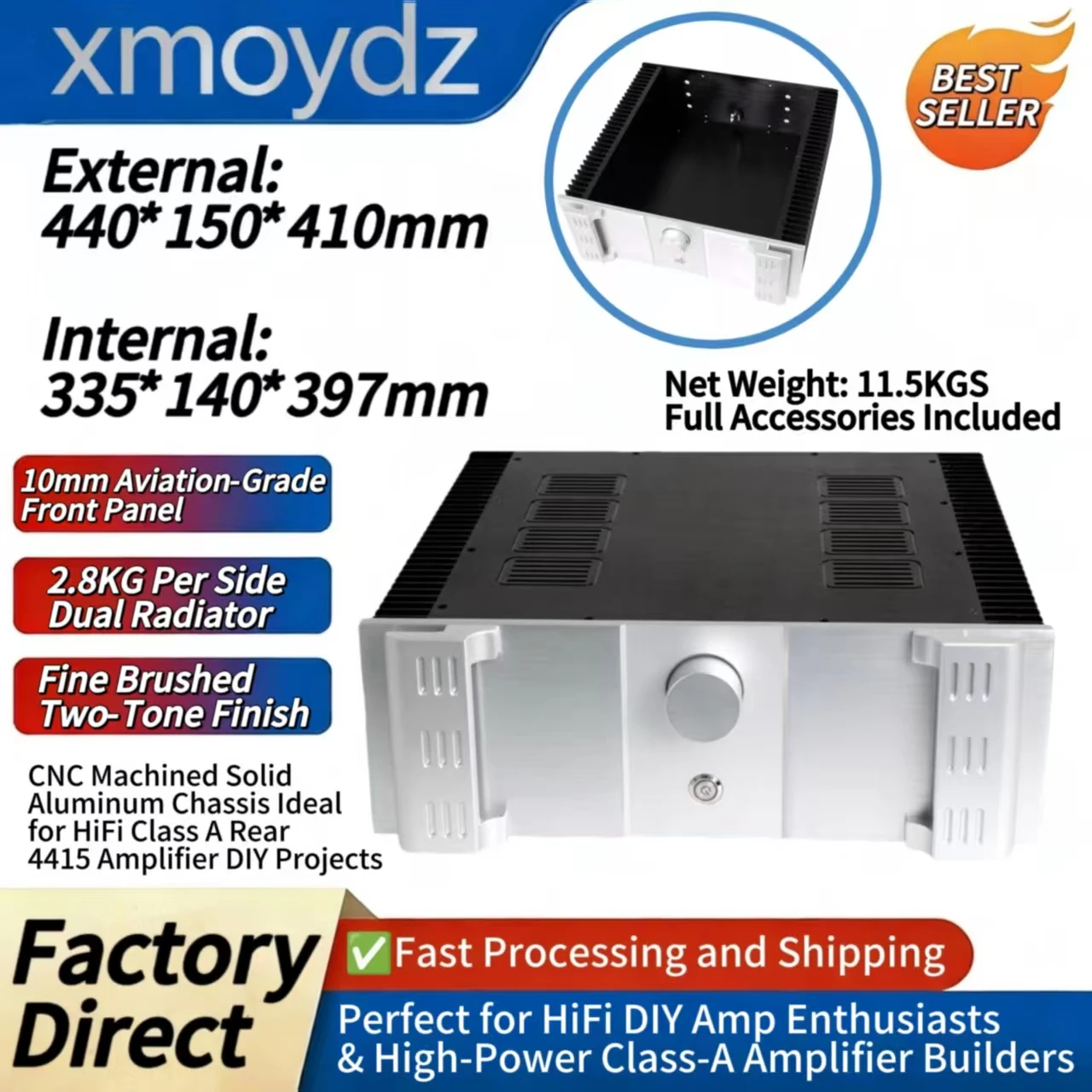 

Корпус для Hi-Fi усилителя DIY из алюминия, 440*150*410 мм, класс A, задняя панель 4415, ручка, двойное охлаждение, матовый, внутренние размеры 335*140*397 мм
