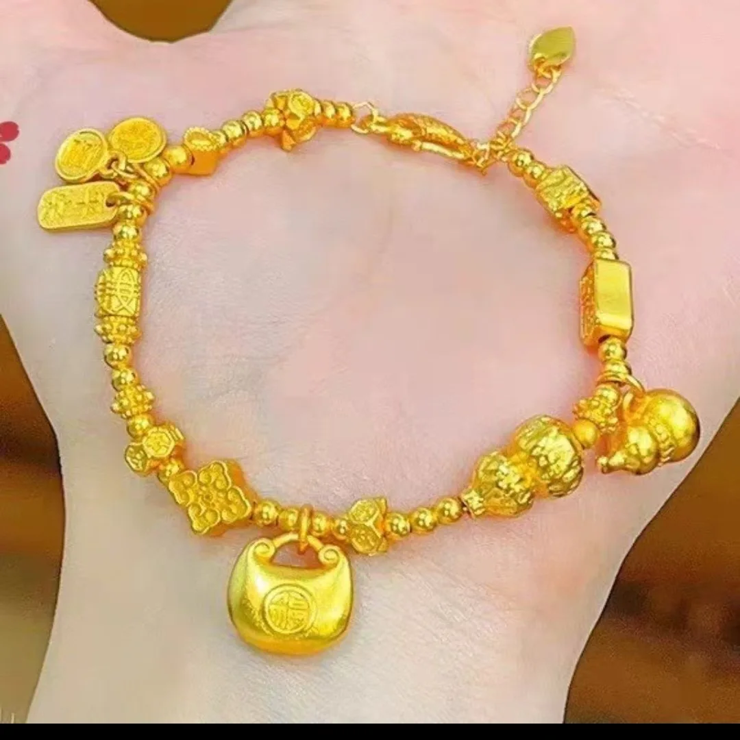 

Women's 24K Gold Versatile Gourd Bracelet, AU999 | Engraved "Fortune" with hidden knot motifs.