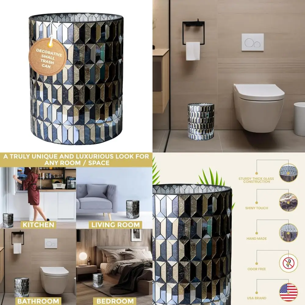 

Luxury Mosaic Glass Trash Can 6L - Decorative Small Bathroom Waste Basket 8x10 for Modern Restroom Use