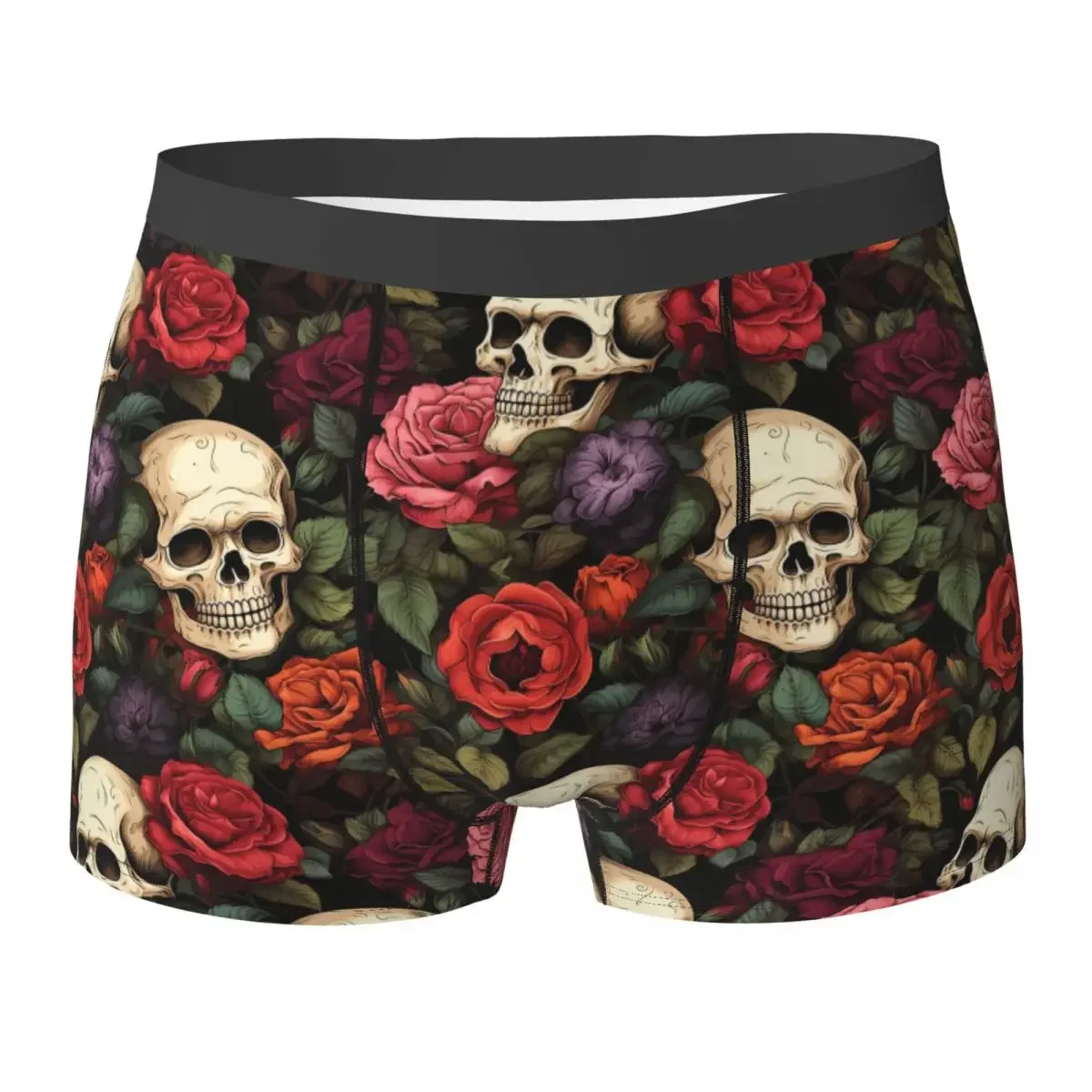 Boxer Underpants Shorts Black Terror Bone Pink Rose Flower And Skulls Panties Men Comfortable Underwear for Homme Man Gift