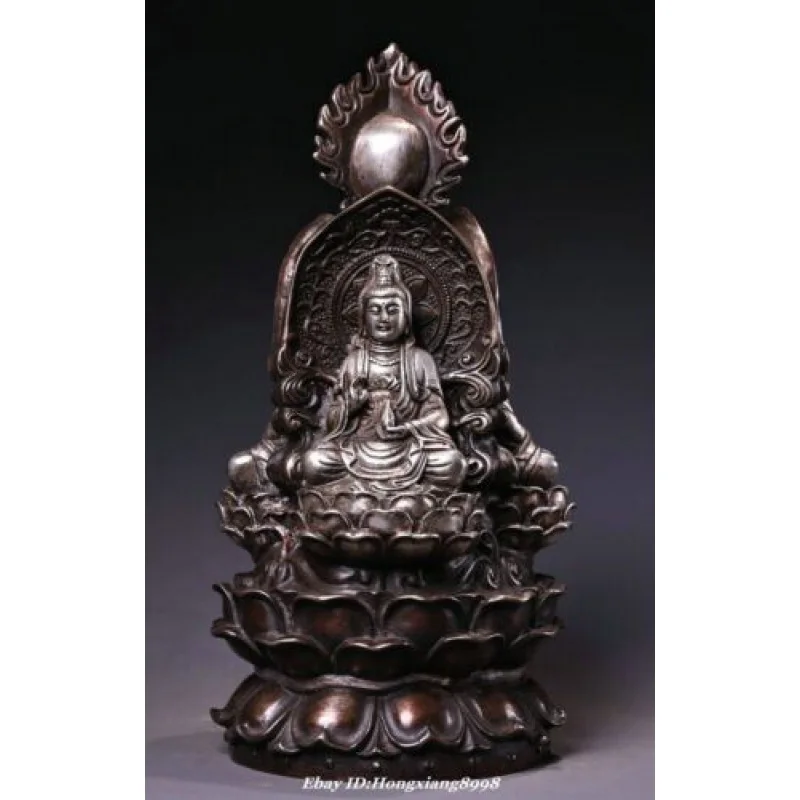 Old Tibet Bronze Silver Buddhism Western Shakyamuni Buddha Kwan-yin God Statue