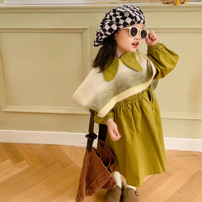 Spring Autumn Girls 2 Pcs Set Toddler Dress + Rib Knit Shawl Kids Suit Baby Outfit Children Clothes Radient Color 2-7Y