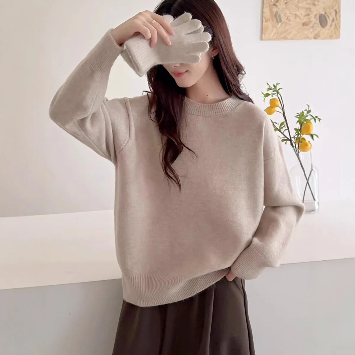 فضفاض جولة Ne البلوز سترة المرأة لون نقي محبوك أعلى مريحة بسيطة Sle عارضة Faion الخريف الشتاء ارتداء #4