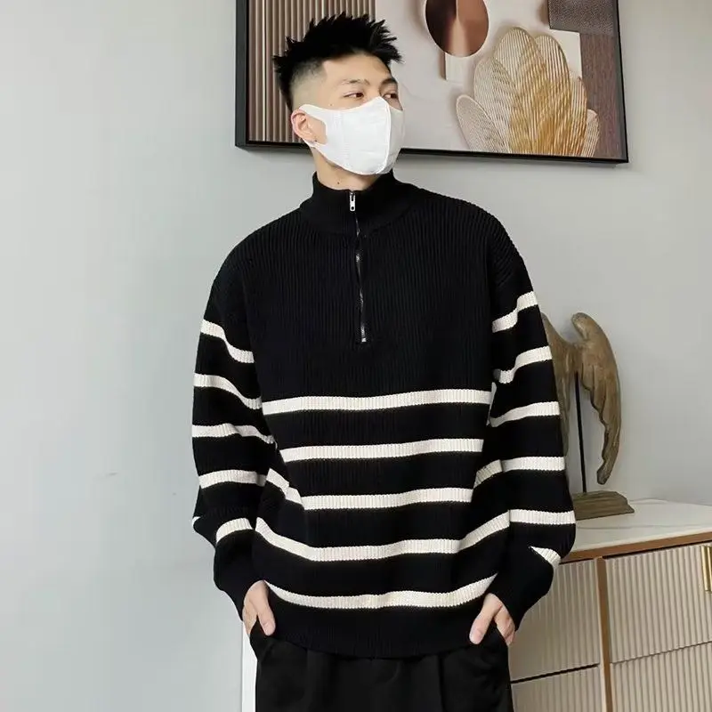 

Laid-ba Sle Thiened Knitted Sweater f Zipper Collar Men's Casual Striped Outerwear Winter New Arrival Regular Fit