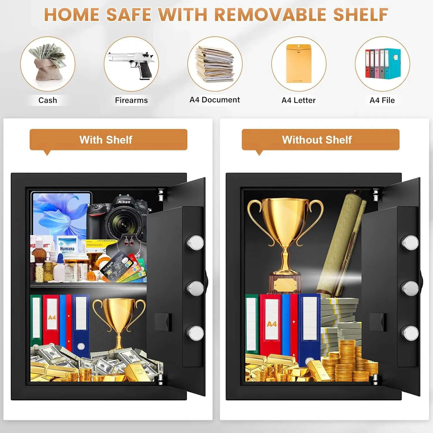 2.6 Cub Large Home Safe Fireproof Waterproof, Anti-theft Fireproof Safe Box with Programmable Keypad, Spare Keys and Removable S