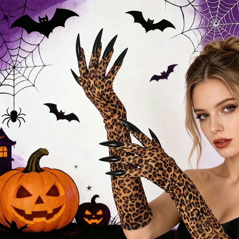 Halloween Sexy Leopard Print Long Gloves for Women, Fashionable Hot Girl Nightclub Party Performance Gloves