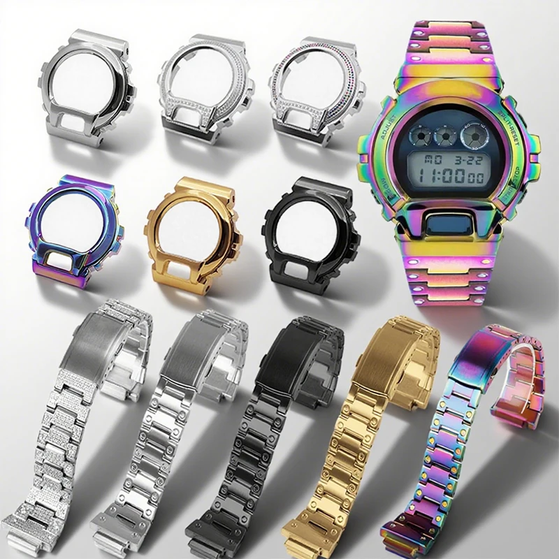 For Casioa G-shock Dw-6900 Mod Kit Stainless Steel Watch Case Strap For Casio Modified Metal Watch Band Diamond Case Colorful