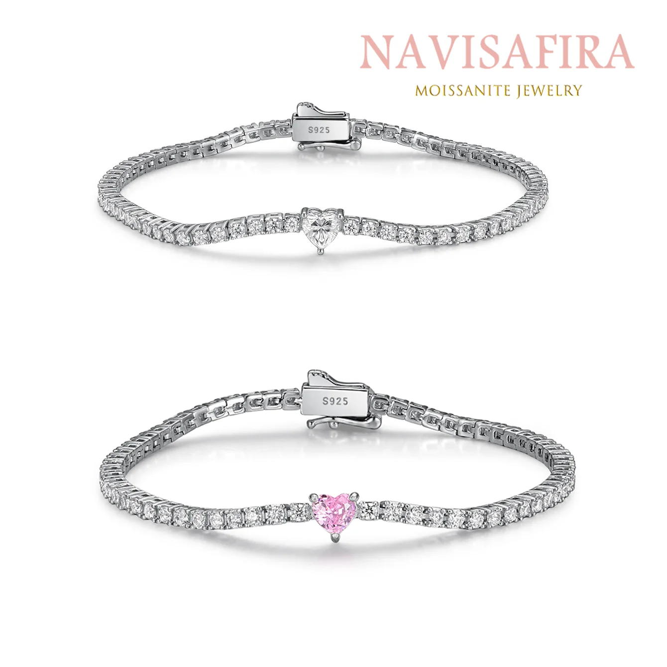 

S925 Moissanite Tennis Bracelet, 2mm White Moissanite with Heart-Cut Center, White & Pink Moissanite, Sterling Silver Jewelry