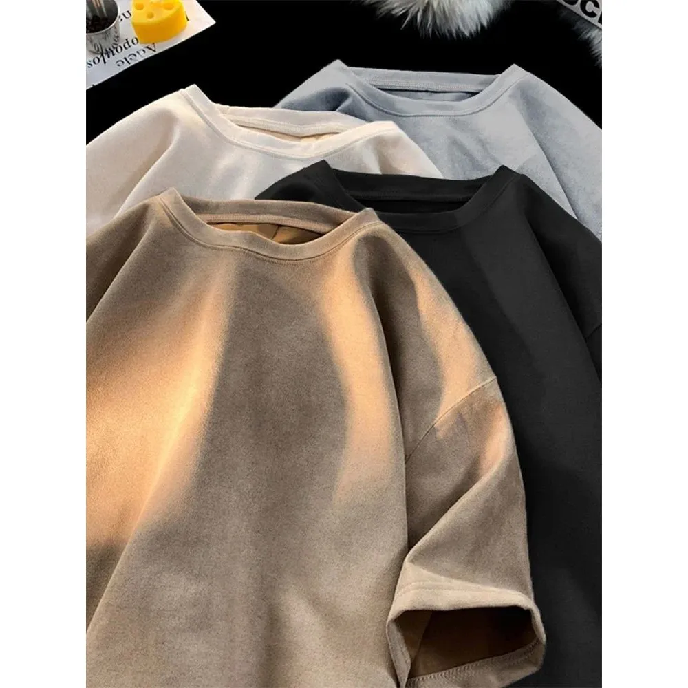 

Замшевая футболка в стиле ретро против морщин, свободная футболка Ne Nine Sve с воротником Генри, молодежная модная футболка для мужчин и женщин