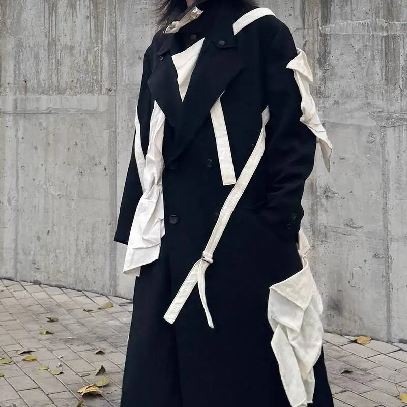 WVGA Autumn Winter New Man Tide Yamamoto Dark Style Draped Ribbon Trendy Patchwork Jacket Niche Chic Casual Wool Coat Ins W13121