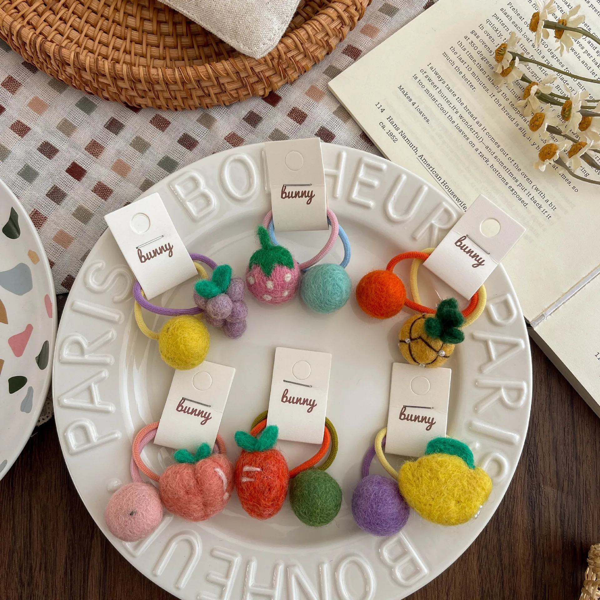 

2 шт., шерстяная фетровая эластичная повязка для волос с фруктами, милая виноградная, клубника, ананас, детская резинка для волос, детская веревка для волос, галстук, аксессуары для волос