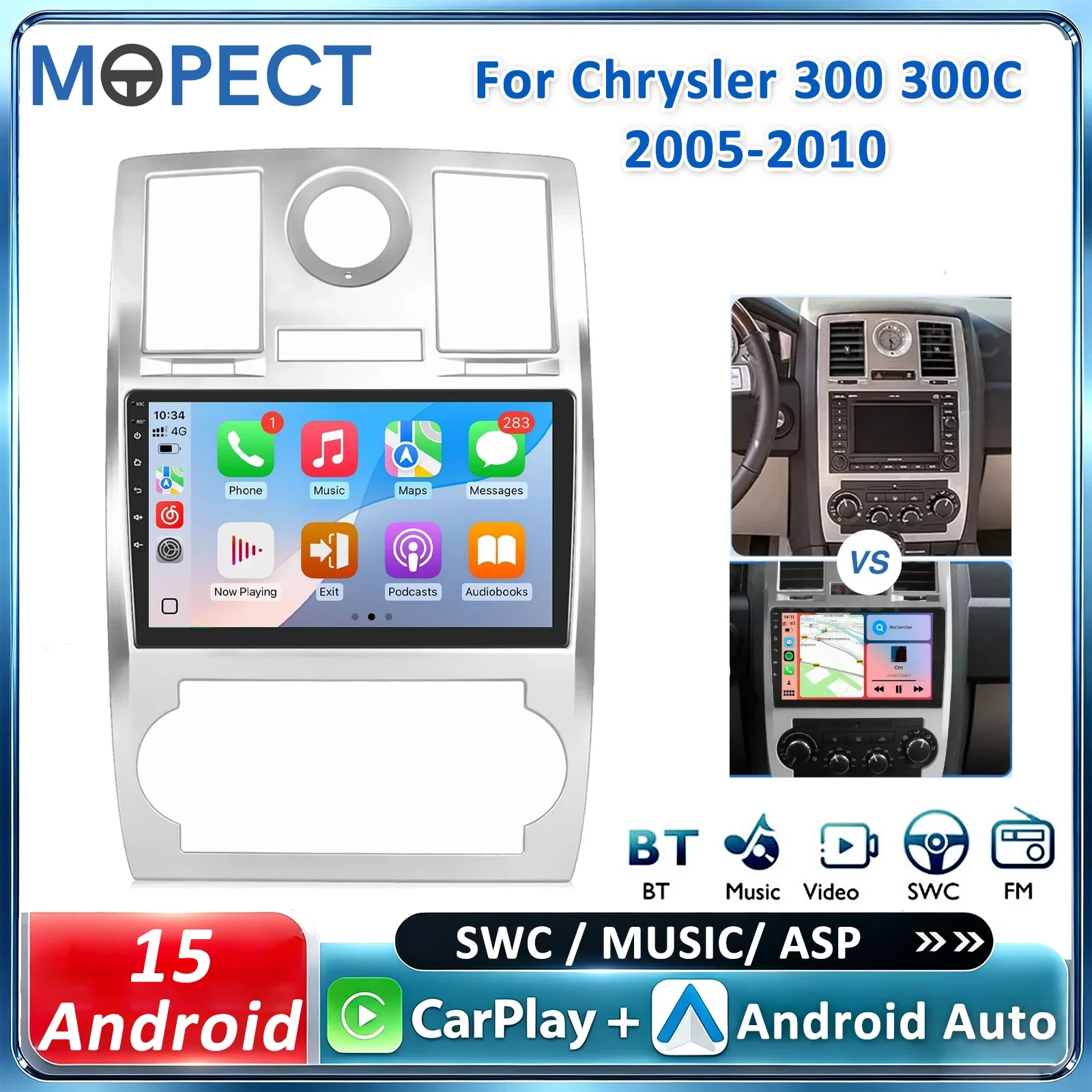 MOPECT Doppel-DIN 9" für Chrysler 300C 2005-2010 4+64G Android 15 Autoradio Intelligentes System GPS Autoradio-Haupteinheit Multimedia-Player SWC BT