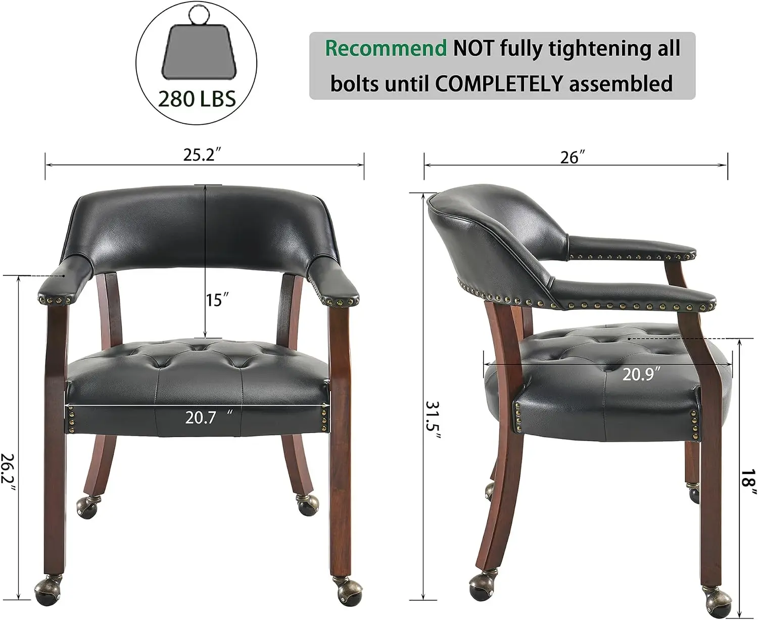 Large Dining Chairs with Casters and Arms, Rolling Dining Chairs with Wheels, Accent Game Chairs Boss Caption's Chairs, 26