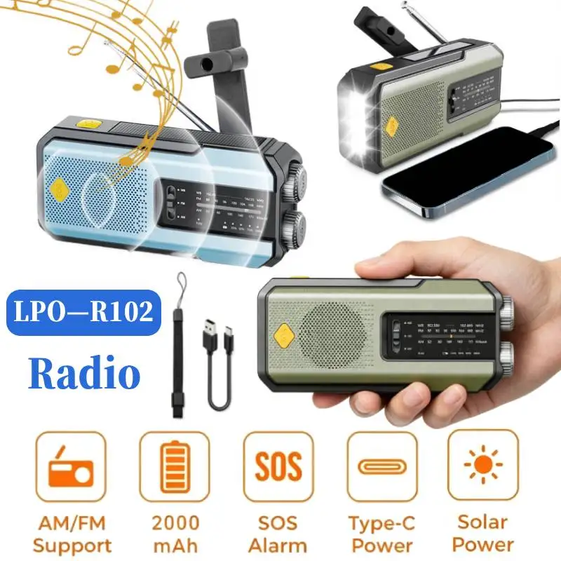 2000mAh Portable Emergency Solar Power Radio Hand Crank Charging AM/FM SW Multi BAND Radio SOS LED Reading Flashlight Power Bank