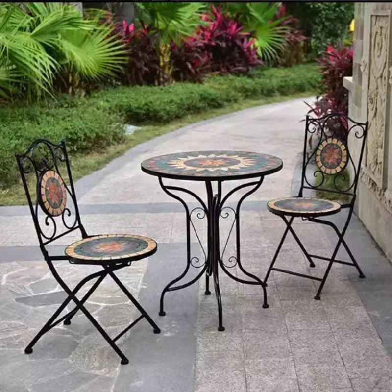 Outdoor garden balcony wrought iron mosaic puzzle table and chairs tea table three-piece set bar cafe retro nostalgia