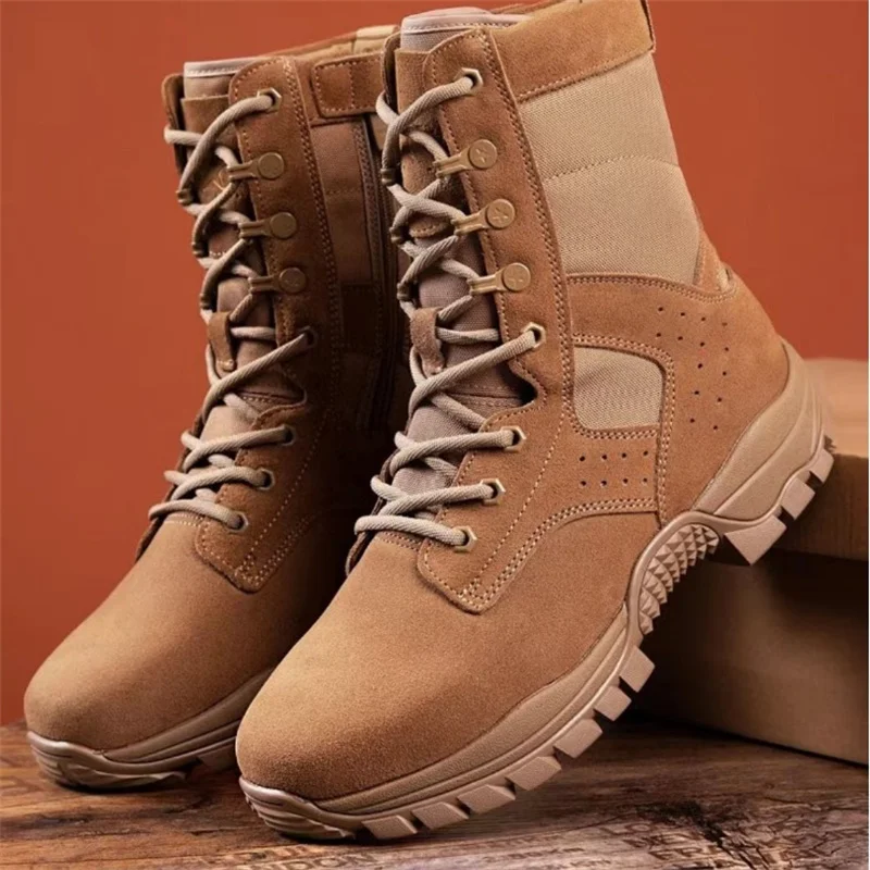 

Brown High Upper Men's Boots for Hiking Climbing and Training Side zipper Waterproof Cowhide Puncture Resistant Tactical Boots