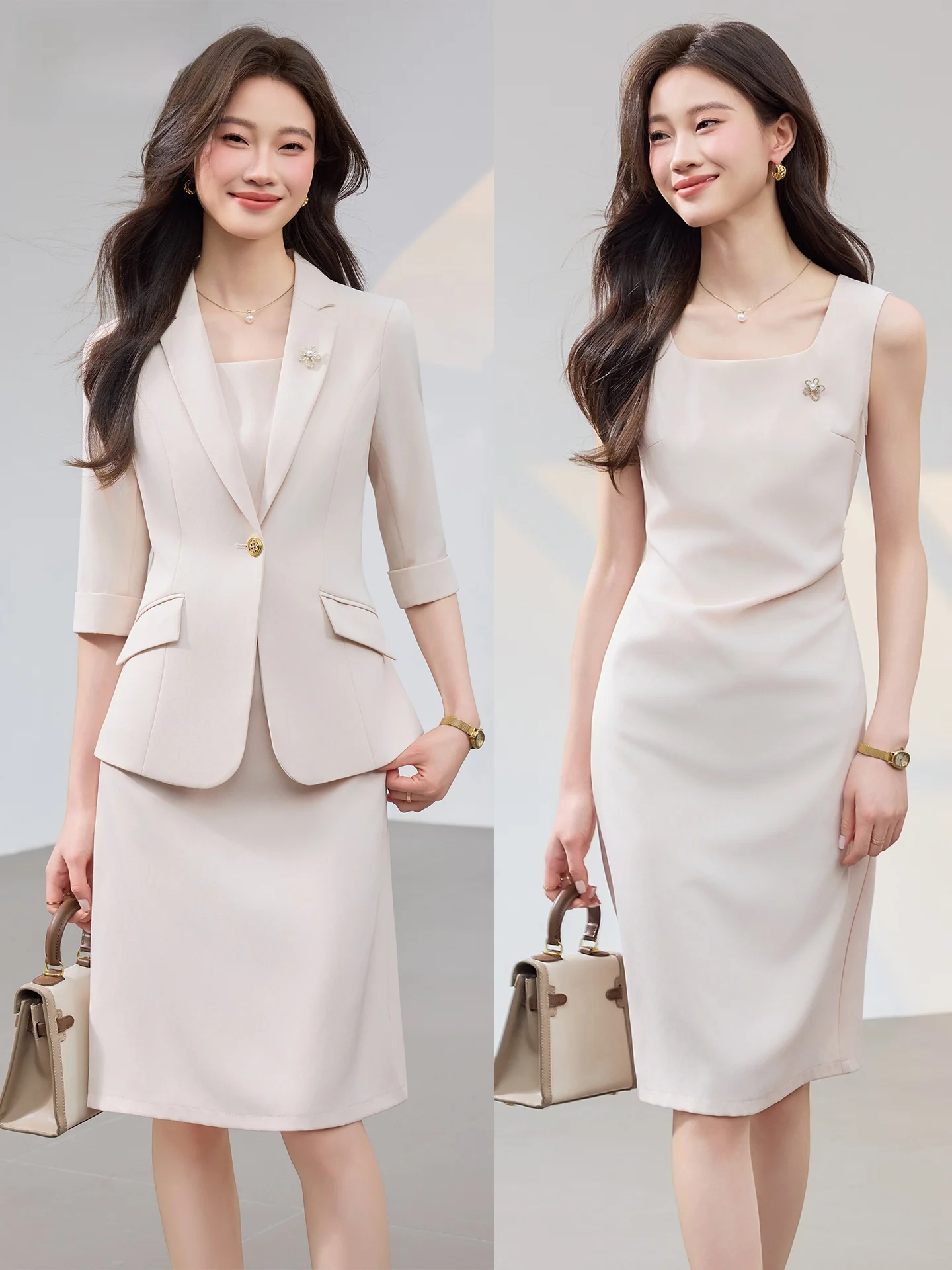 

Женский костюм Svel Dr Beige Весна-Лето 2026: Новинка, Элитный Комплект из Жакета, Топа и Юбки, Приталенный, с Деталями на Пуговицах