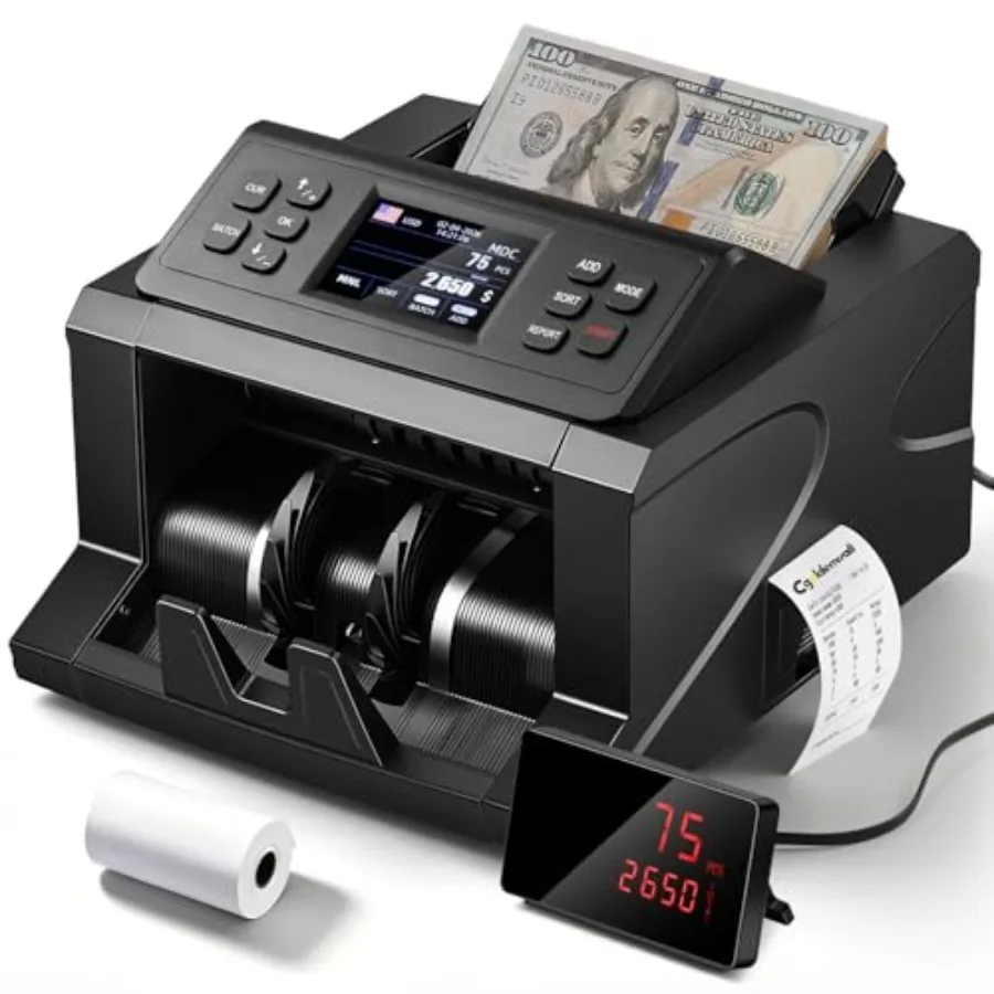 

Business cash counting machine for mixed denominations with built-in printer, portable currency detector, counterfeit banknote