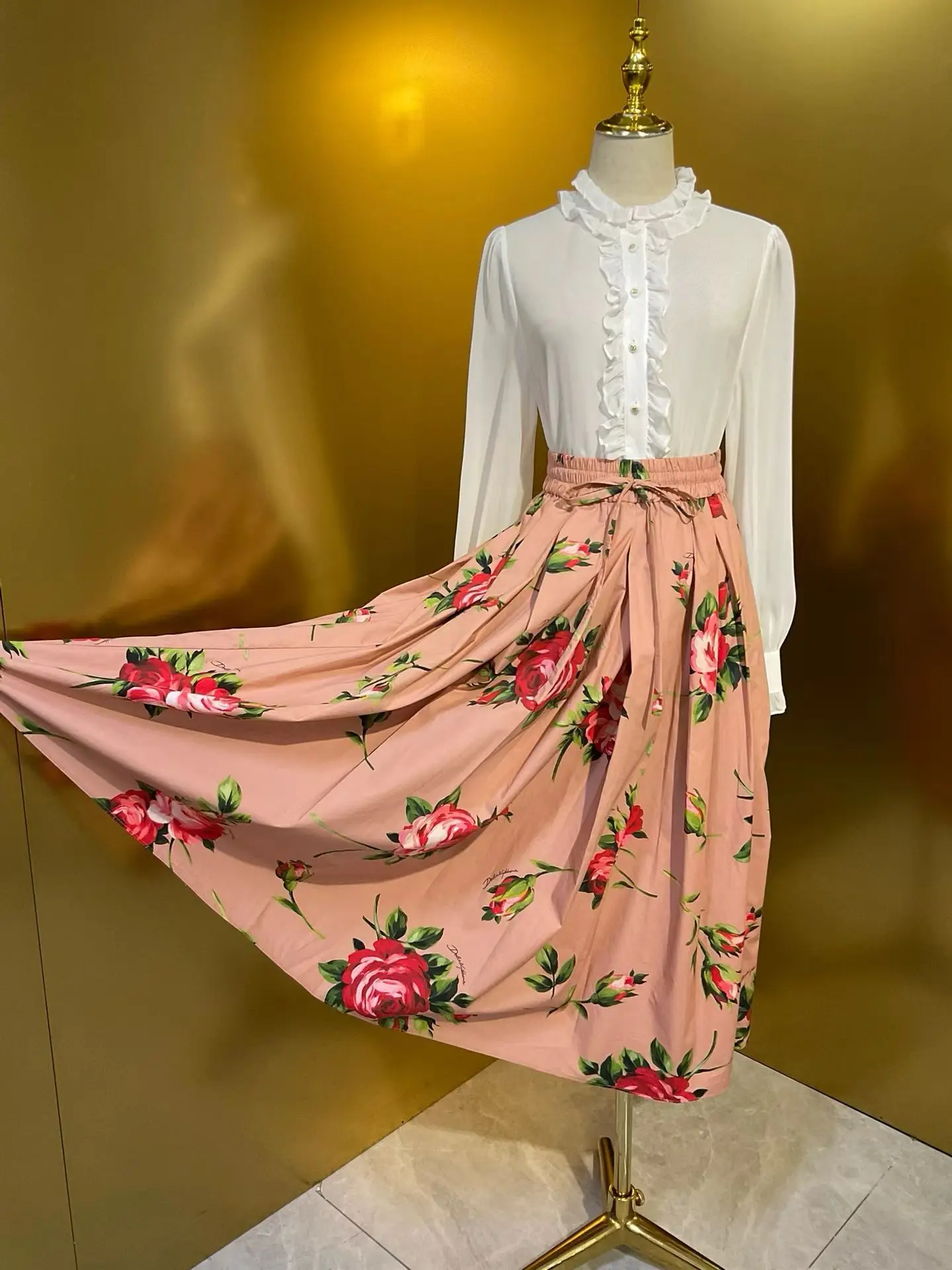 

Юбка с высокой талией из хлопка и шелковистой ткани с эластичным поясом-шнурком, женская повседневная юбка с принтом