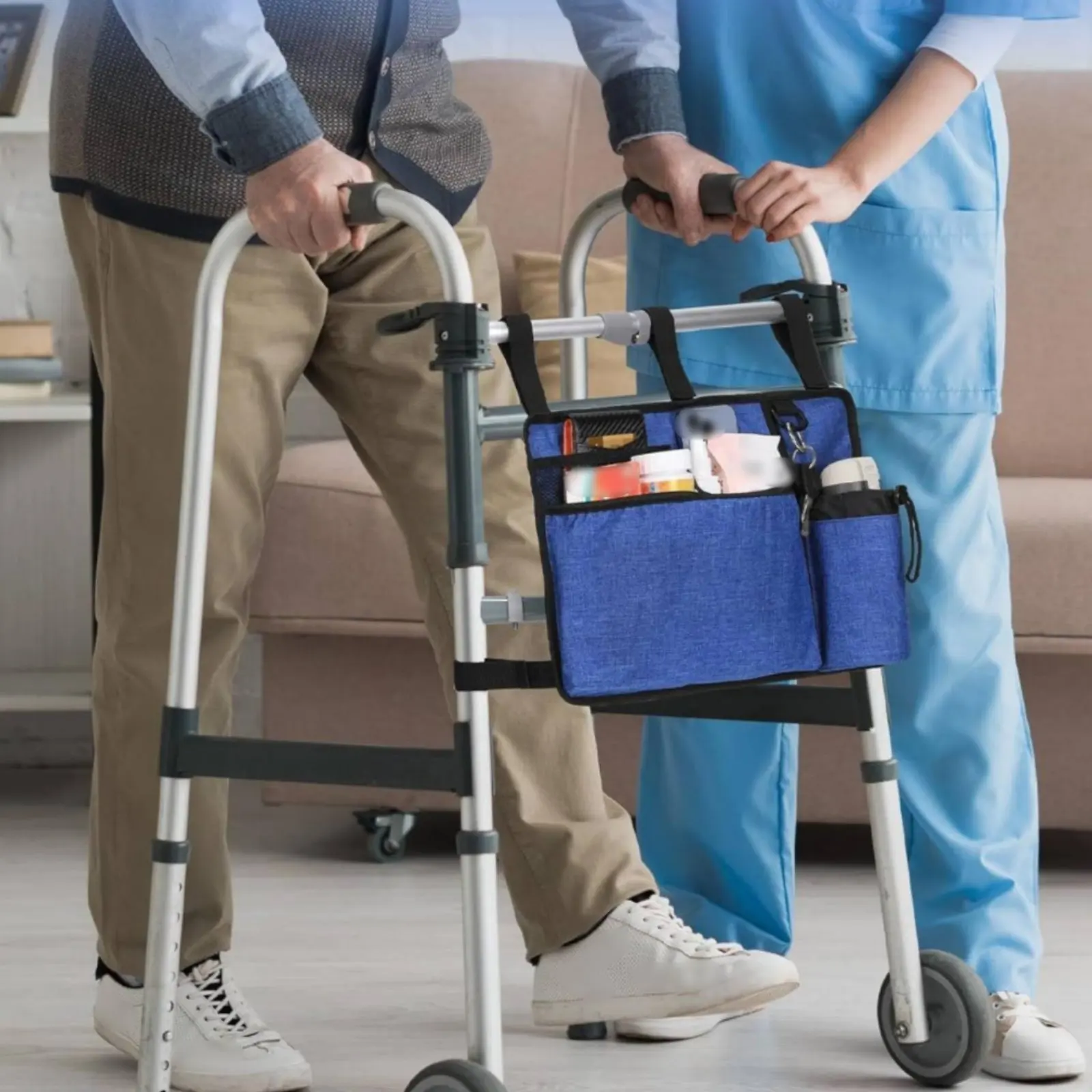

Mobility Aid Cup Holder Bag Large Capacity Mobility Aid Organizer Bag Hang-on Pouch Long-Lasting Quick Install for Elderly