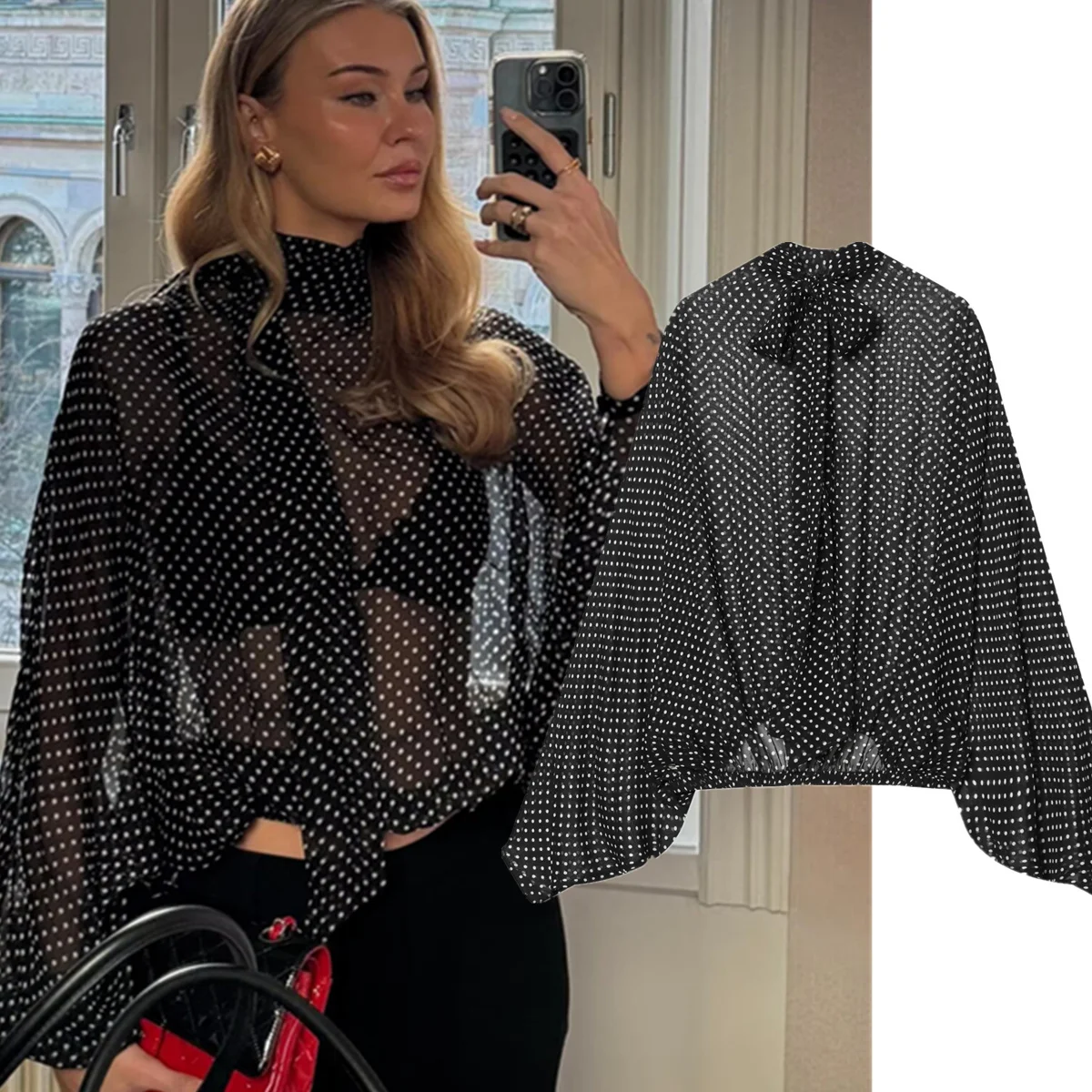 

Jenny & Dave черная рубашка в горошек во французском стиле ретро, весенняя рубашка с длинными рукавами и галстуком-бабочкой, минималистичная женская одежда, топы