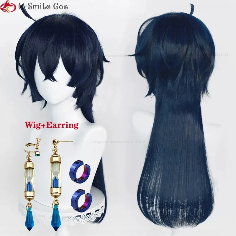 qq38Anime Cosplay Vanitas No Karte Wig Rambut Tahan Panas Biru Hitam Panjang 68cm Anting + Topi Wig