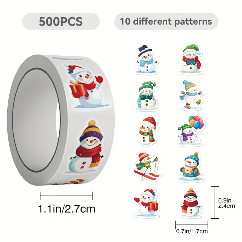 A Roll of 500 Decorative Stickers Featuring Christmas Snowmen, Perfect for Decorating Gifts, Parties, Laptops, Notebooks