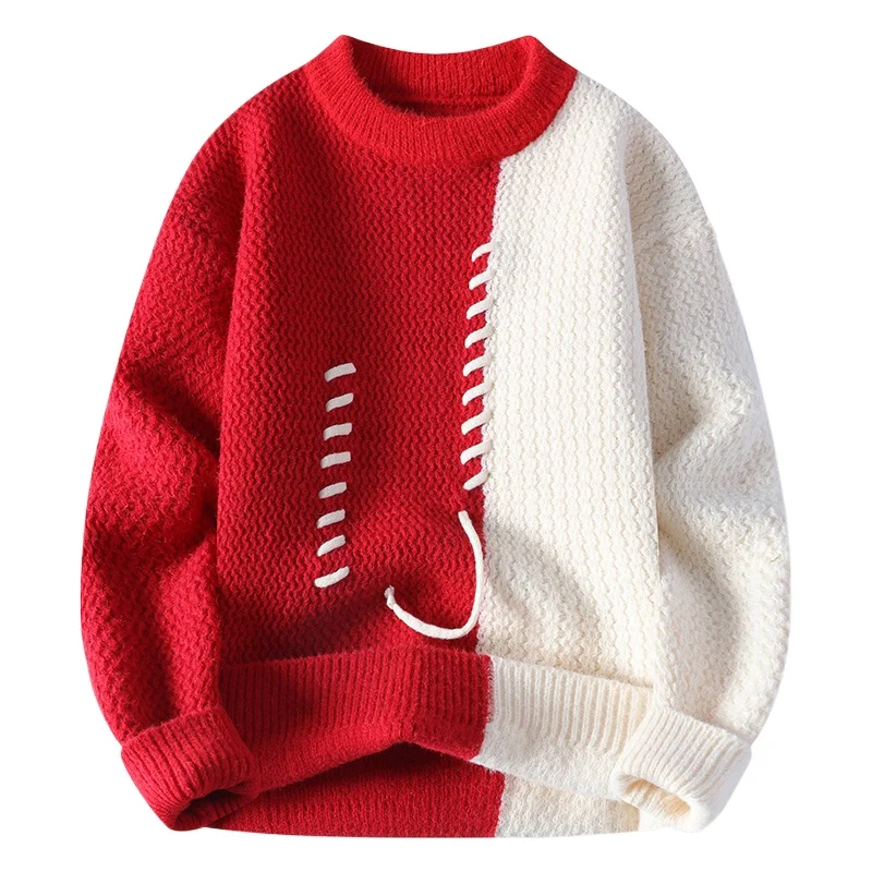 Suéter de punto de bloque de Color Retro para hombre, cuello redondo, ajuste holgado, costuras decorativas, Jersey informal para hombre, prendas de punto